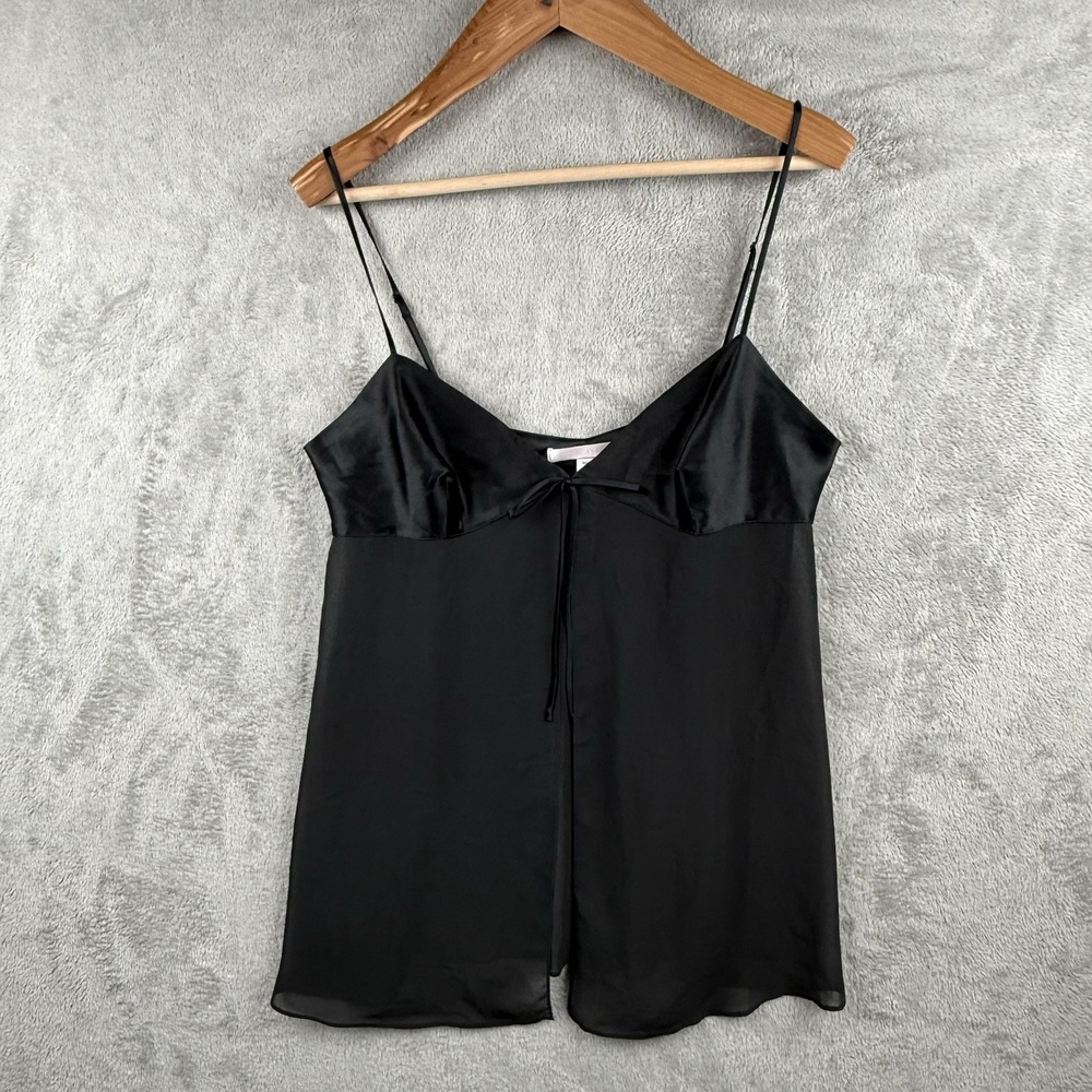Victoria's Secret Babydoll Chemise Size L Black Satin Sheer Chiffon Bow Lingerie